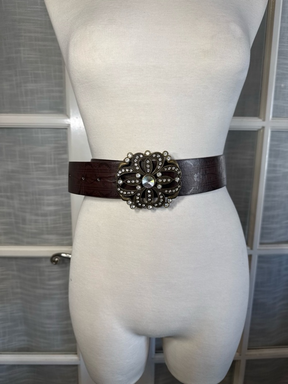 Wide Brown Belt with Decorative Crystal Flower Buckle